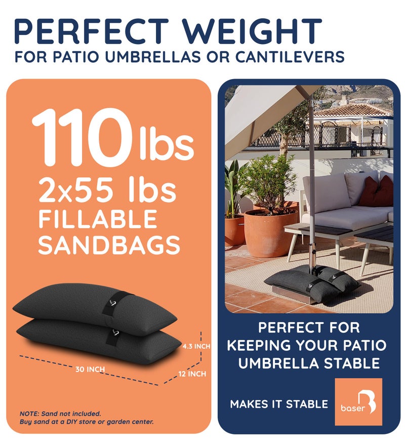 Baser Original Sandbags Fillable Weight Bags for Patio Umbrella Bases, Weather Resistant Recycled Polyester for Outdoor Furniture Windproof Stability - Image 2